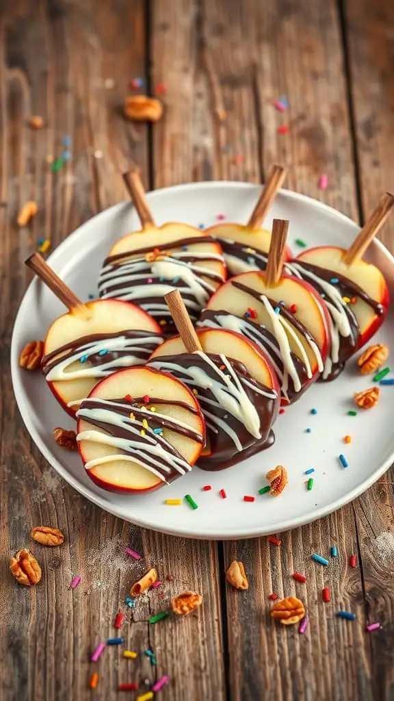 Plate of chocolate-covered apple slices with sprinkles and wooden sticks