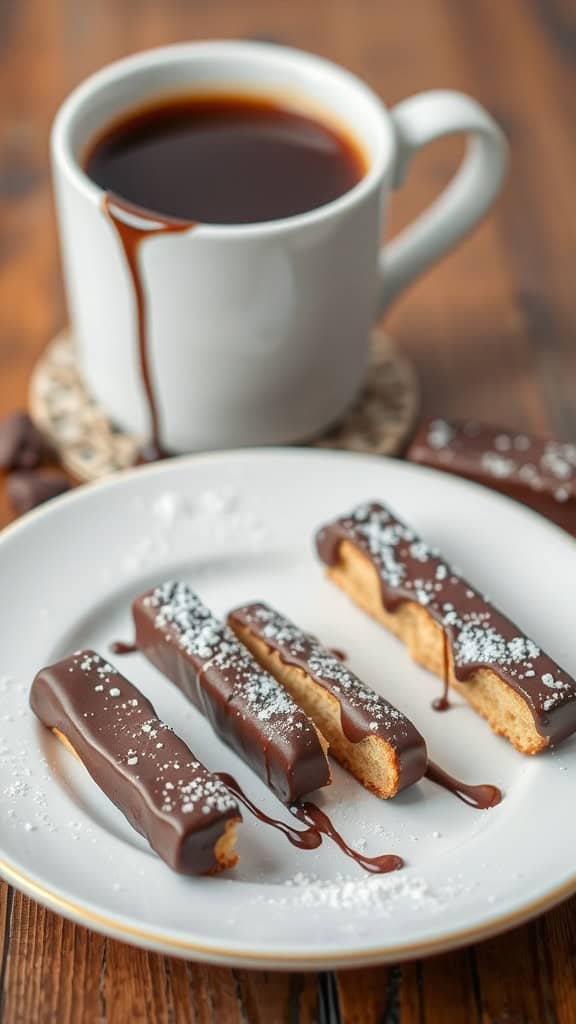 Chocolate-covered biscotti sticks on a plate with powdered sugar and a cup of coffee