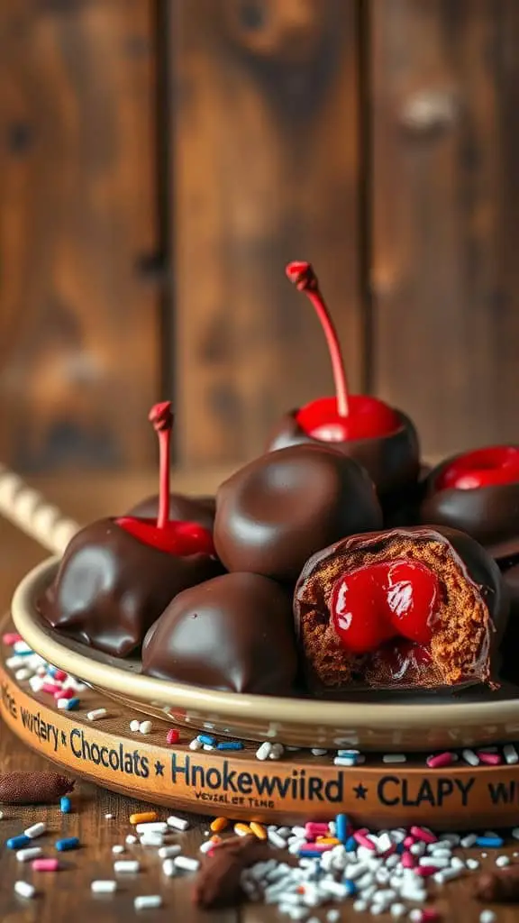 A plate of chocolate-covered cherry bombs with a bite taken out, showing the cherry filling.