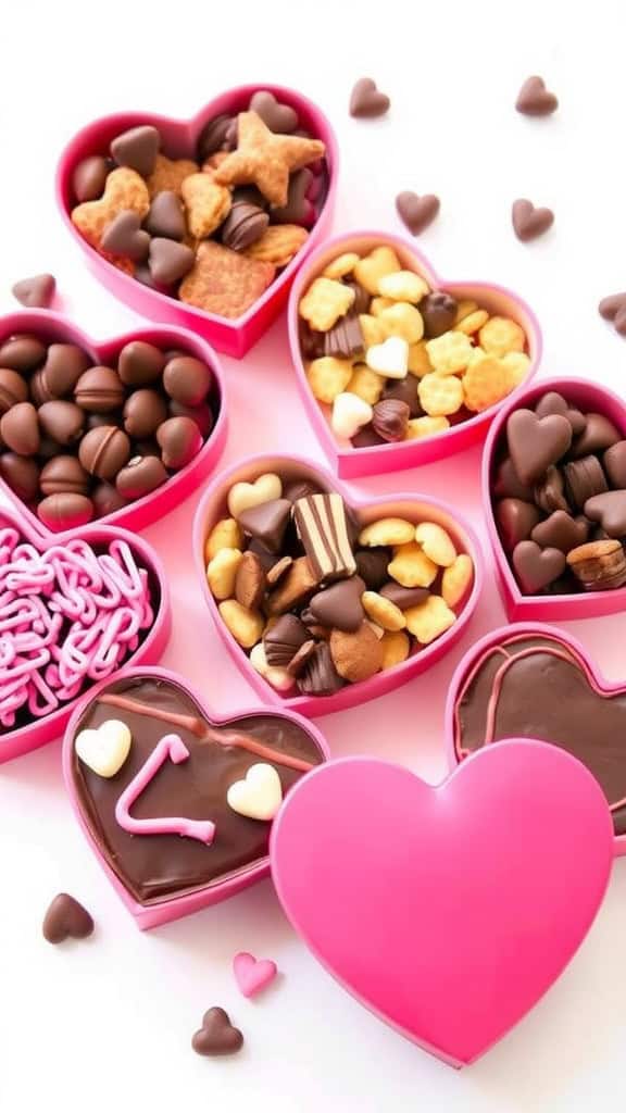 Heart-shaped boxes filled with assorted chocolate treats and snacks.