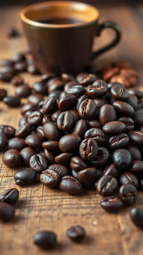 A close-up of a pile of coffee beans with a cup of coffee in the background.