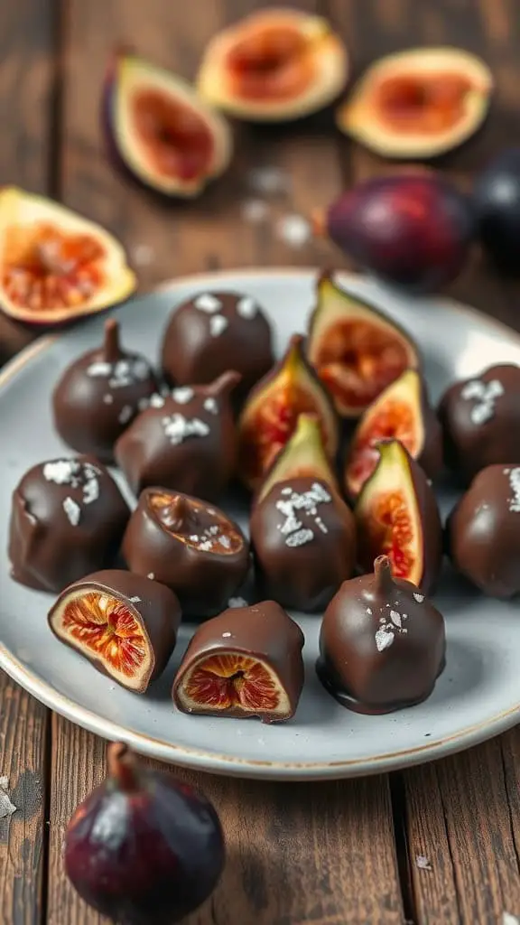 A plate of chocolate-covered fig bites with fresh figs in the background.