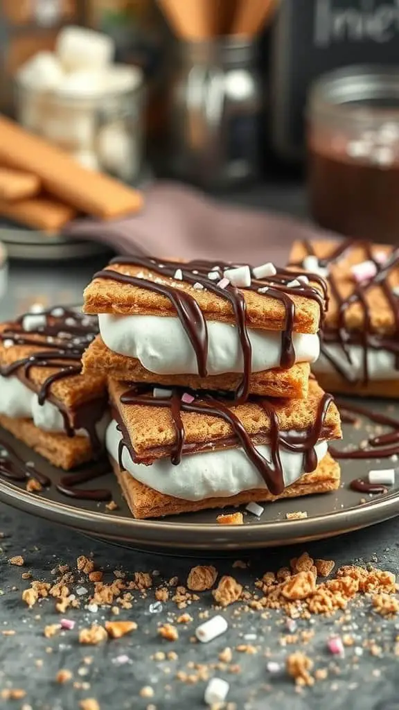 A plate of chocolate-covered graham cracker sandwiches with marshmallow filling, drizzled with chocolate and sprinkled with colorful bits.