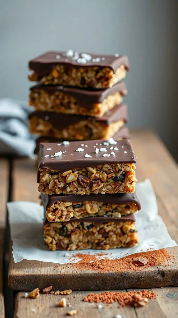 Stack of chocolate-covered granola bars on a wooden surface, sprinkled with salt.