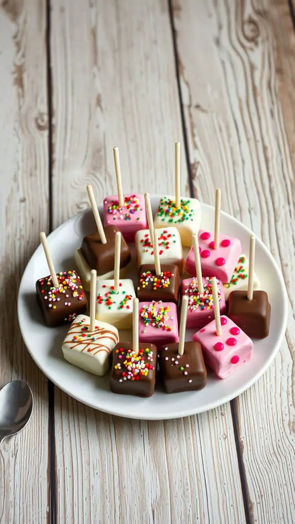 A plate of colorful chocolate-covered marshmallow pops with sprinkles