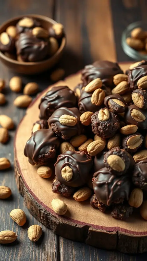 A plate of chocolate-covered peanut clusters with whole peanuts on top