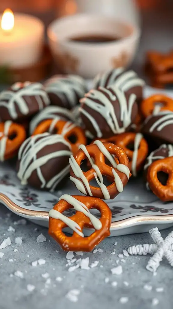 A plate of chocolate-covered pretzel bites drizzled with white chocolate, surrounded by warm candlelight.