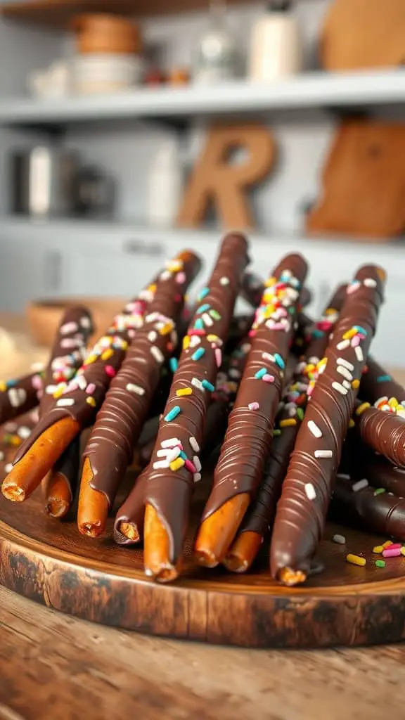 A platter of chocolate-covered pretzel rods decorated with colorful sprinkles.