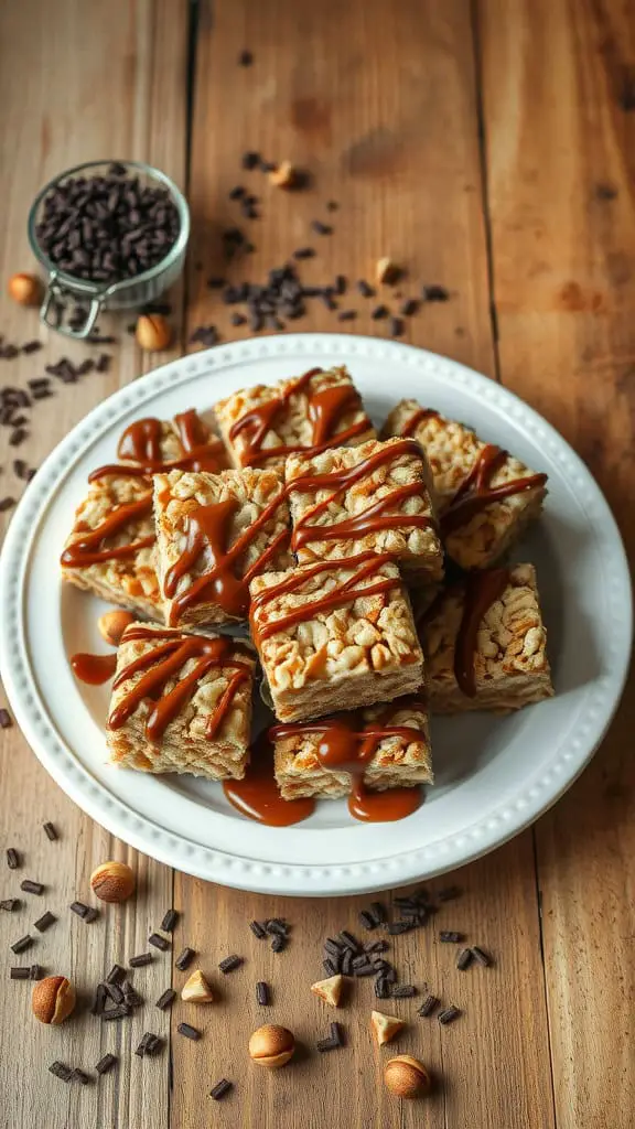 A plate of chocolate-covered Rice Krispie squares drizzled with caramel and surrounded by chocolate sprinkles and nuts.