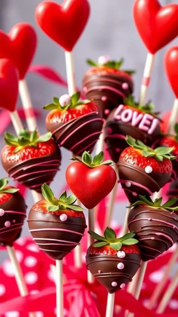 Colorful chocolate-covered strawberry pops with heart-shaped decorations