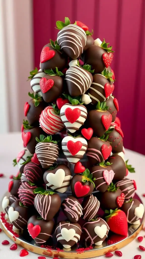 A beautifully arranged tower of chocolate-covered strawberries with heart decorations.