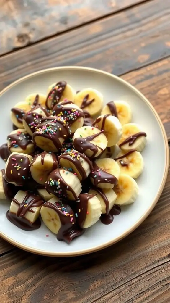 Plate of banana slices drizzled with chocolate and sprinkles on a wooden table