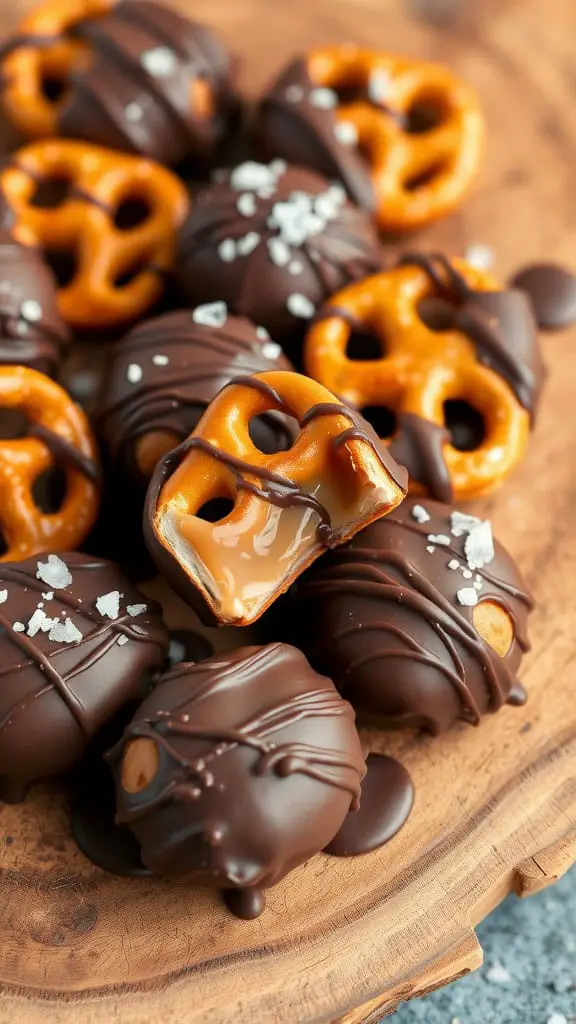 A close-up of chocolate-dipped caramel pretzel bites on a wooden plate, showcasing their glossy chocolate coating and sprinkled sea salt.