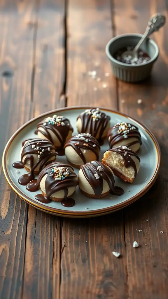 A plate of chocolate-dipped cheesecake bites, drizzled with chocolate and topped with colorful sprinkles.