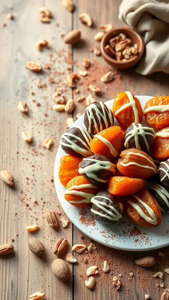 A plate of chocolate-dipped dried apricots, drizzled with white chocolate and surrounded by chopped nuts on a wooden table.