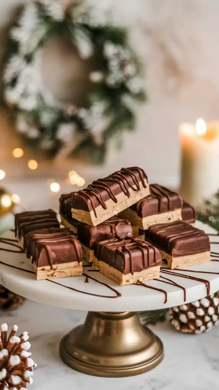 Plate of chocolate-dipped nougat bars with holiday decorations