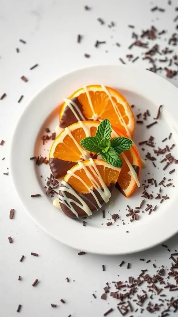 Plate of chocolate-dipped orange segments decorated with mint leaves