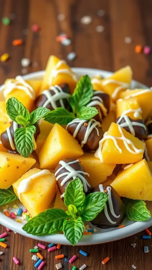 A plate of chocolate-dipped pineapple chunks garnished with mint and colorful sprinkles