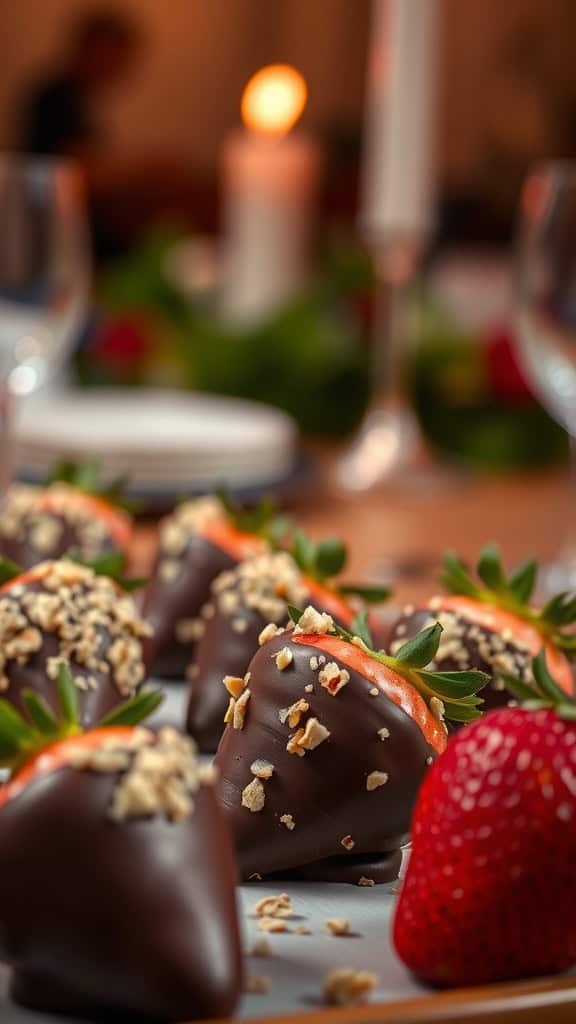 Chocolate-dipped strawberries with nut crunch on a dessert tray