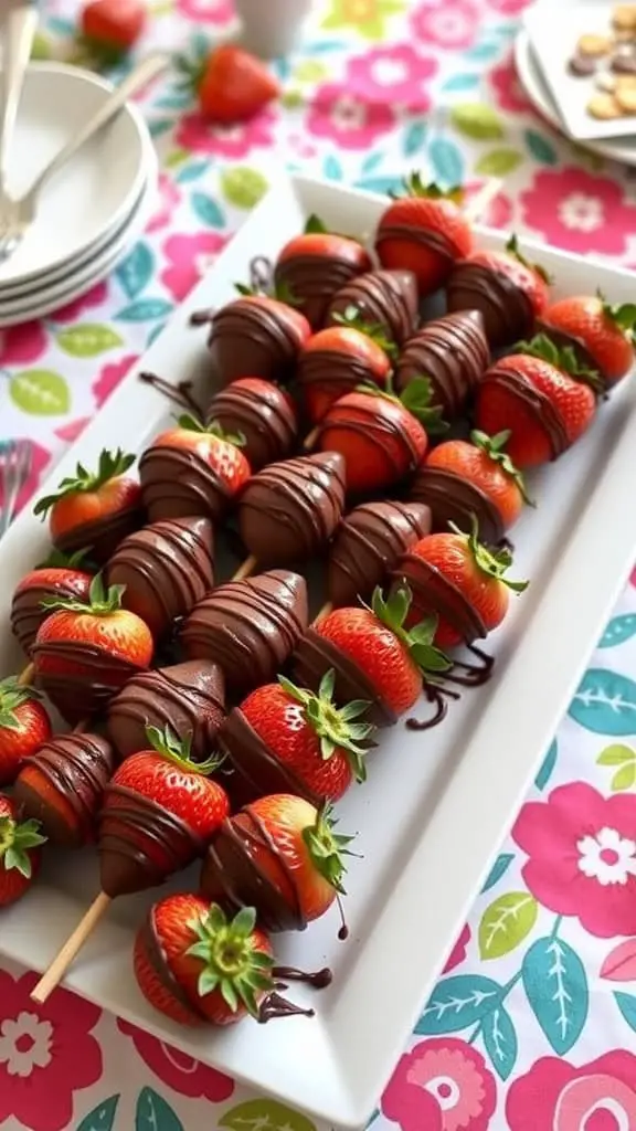 A platter of chocolate-dipped strawberry kabobs arranged neatly, drizzled with extra chocolate, on a colorful floral tablecloth.