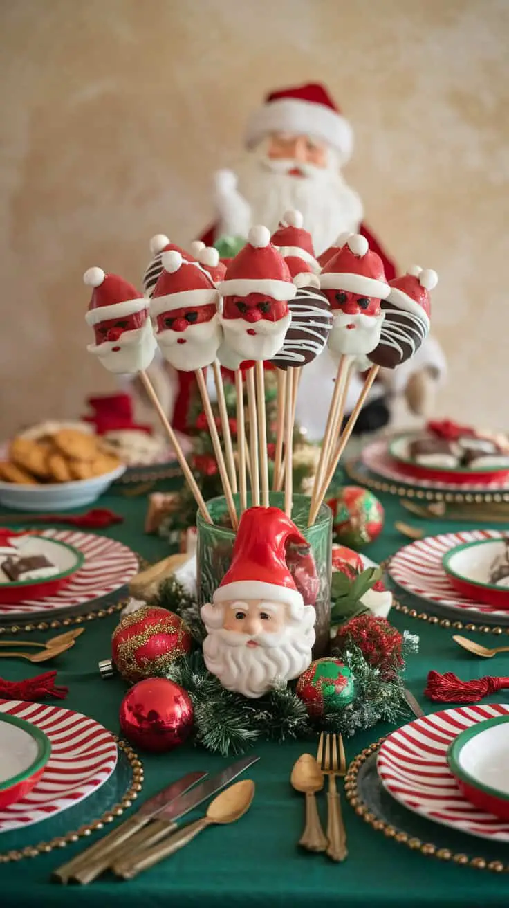 Chocolate-Dipped Strawberry Santa Pops on a festive table