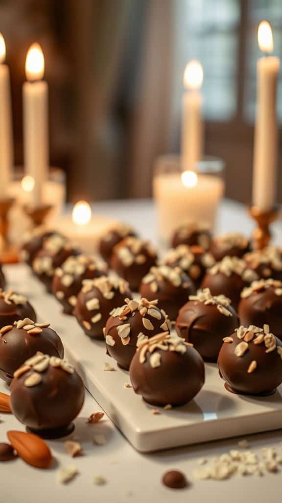 A platter of chocolate almond bites garnished with almond pieces and oats, surrounded by candles creating a cozy atmosphere.