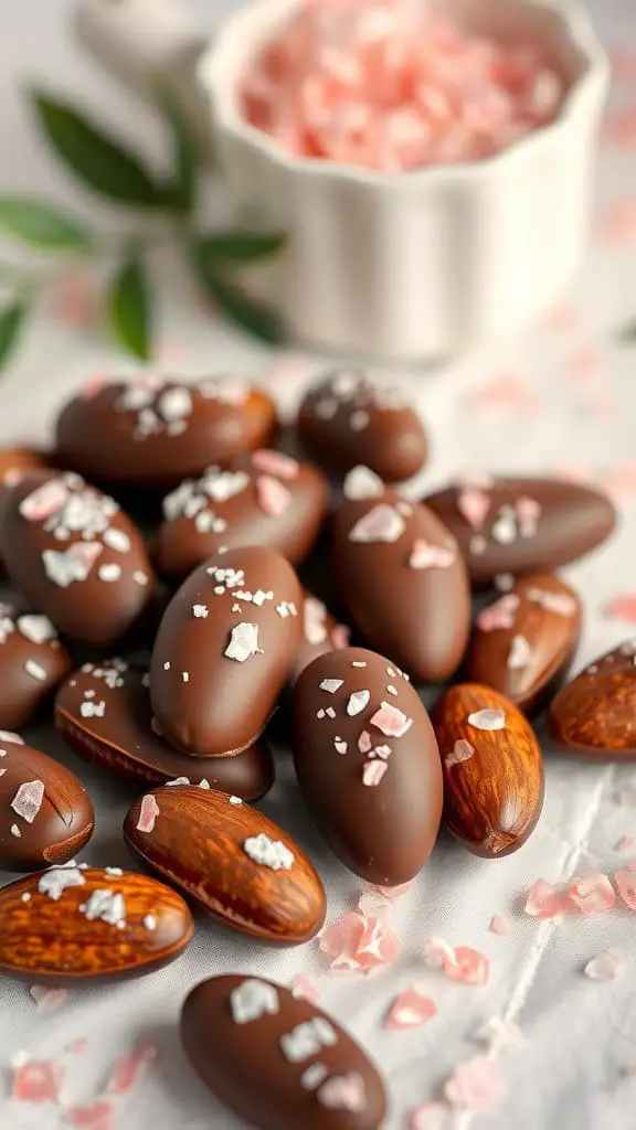 A pile of chocolate-covered almonds with pink sea salt, next to a bowl of crushed candy