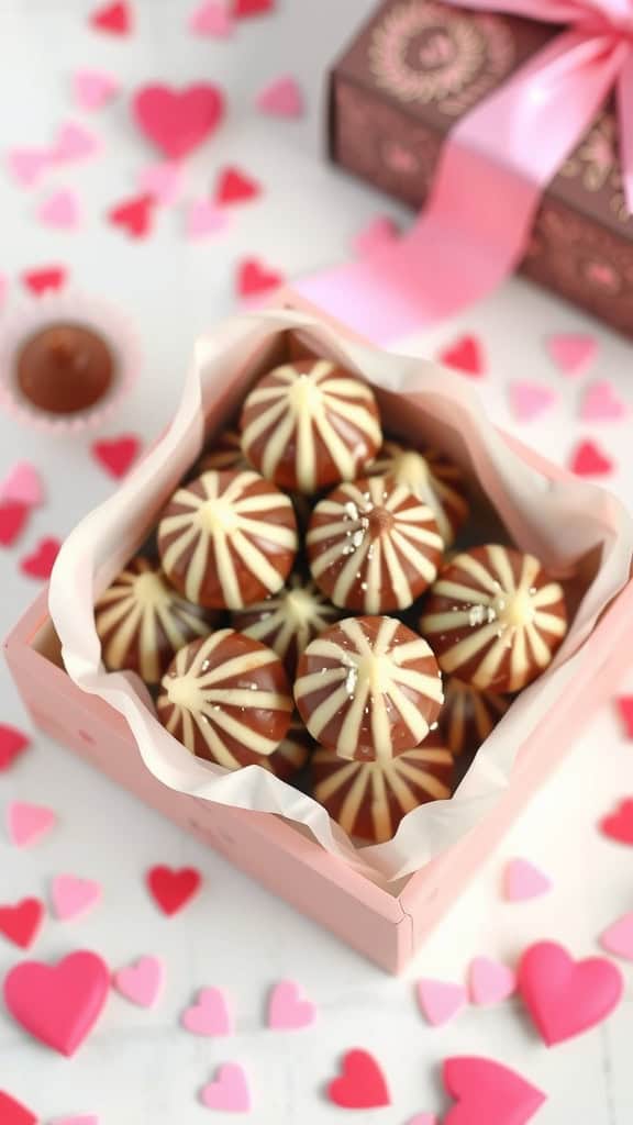 A box of chocolate almond kiss drops surrounded by heart-shaped decorations