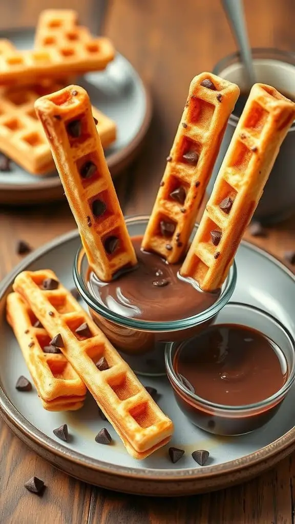 Plate of chocolate chip waffle sticks with chocolate dipping sauce