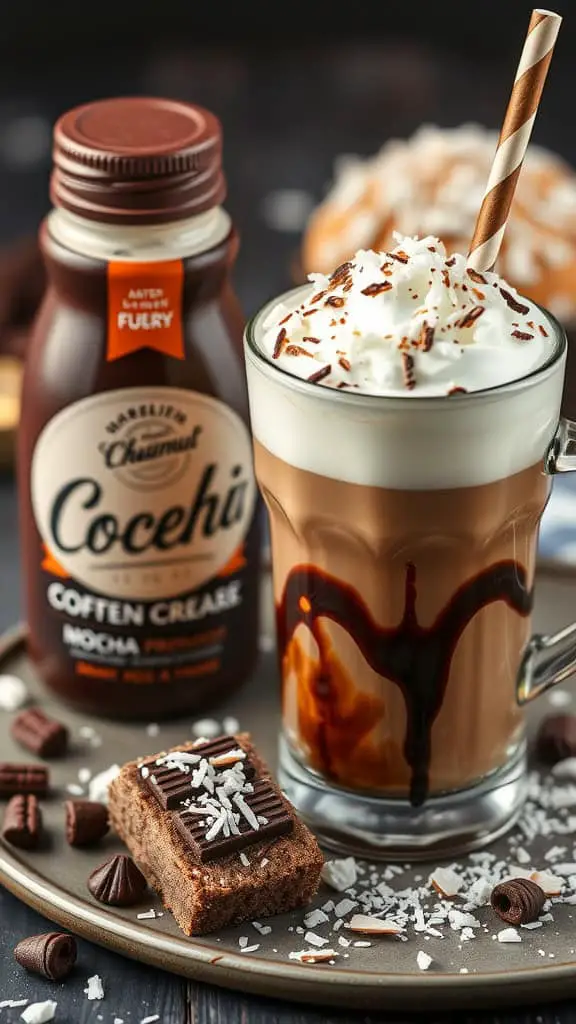 A glass of mocha coffee topped with whipped cream and chocolate shavings next to a bottle of Cocchi mocha coffee creamer.