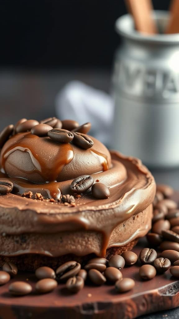 Chocolate covered coffee bean mousse topped with whole coffee beans and chocolate sauce