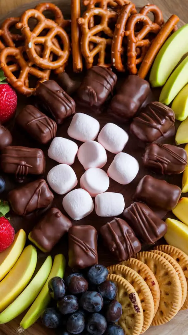 A platter of chocolate-covered snacks including pretzels, marshmallows, fruit, and cookies.