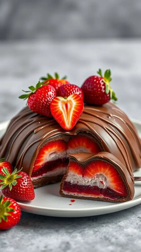 Chocolate covered strawberry Jello mold with fresh strawberries on top