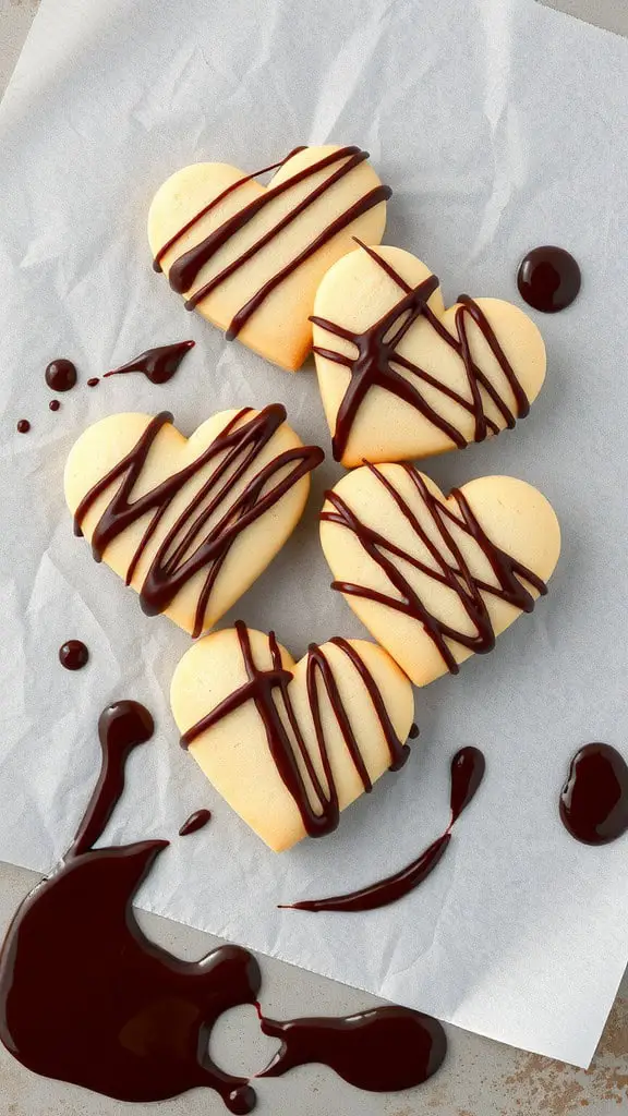 Five heart-shaped cookies drizzled with chocolate on a parchment paper