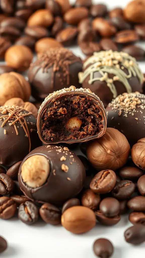 Chocolate Espresso Hazelnut Truffles surrounded by coffee beans and hazelnuts