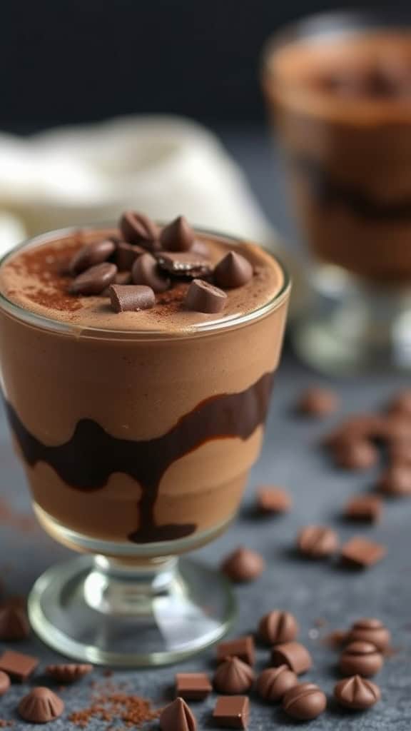 Chocolate Espresso Shot Mousse in dessert cups with chocolate chips on top