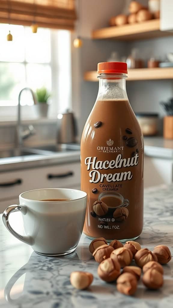 Bottle of Hazelnut Dream coffee creamer next to a cup of coffee and hazelnuts.