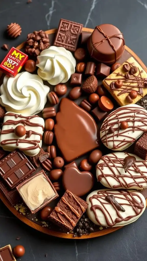 A beautifully arranged Chocolate Lovers’ Dessert Board featuring various chocolates, cookies, and sweet treats.