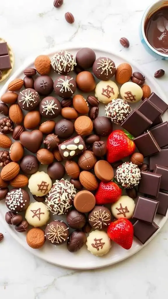 An assortment of chocolates and strawberries arranged on a platter