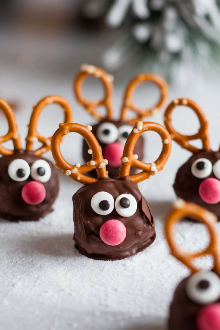 Chocolate Marshmallow Reindeer Bites with pretzel antlers, candy eyes, and noses, arranged on a snowy surface.