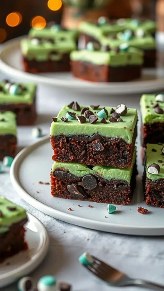 Chocolate mint layer brownies with green frosting and chocolate chips on top, displayed on a plate.