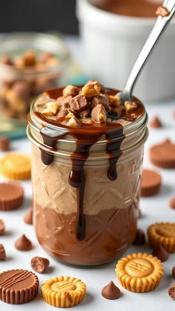 A jar of chocolate peanut butter chia pudding topped with nuts and chocolate sauce.