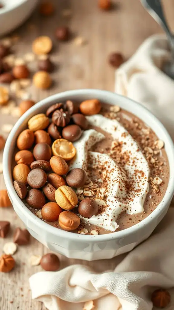 A bowl of chocolate peanut butter cottage cheese oats topped with nuts and a swirl of cream.