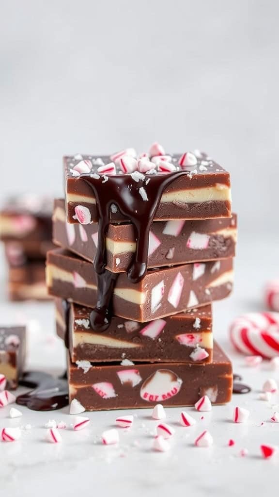 Chocolate peppermint Jello bars stacked with chocolate drizzle and crushed peppermint candies on top.