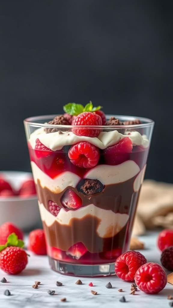 A rich Chocolate Raspberry Jello Trifle layered with chocolate pudding, raspberry Jello, and whipped cream, topped with fresh raspberries and mint.