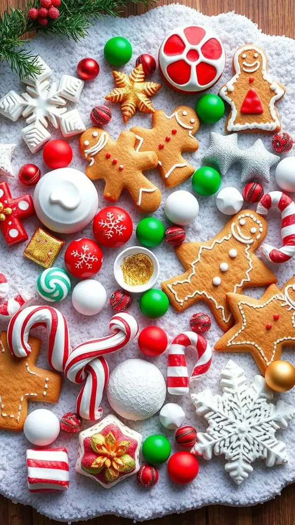 A festive display of colorful Christmas candies and cookies arranged on a white fluffy background.