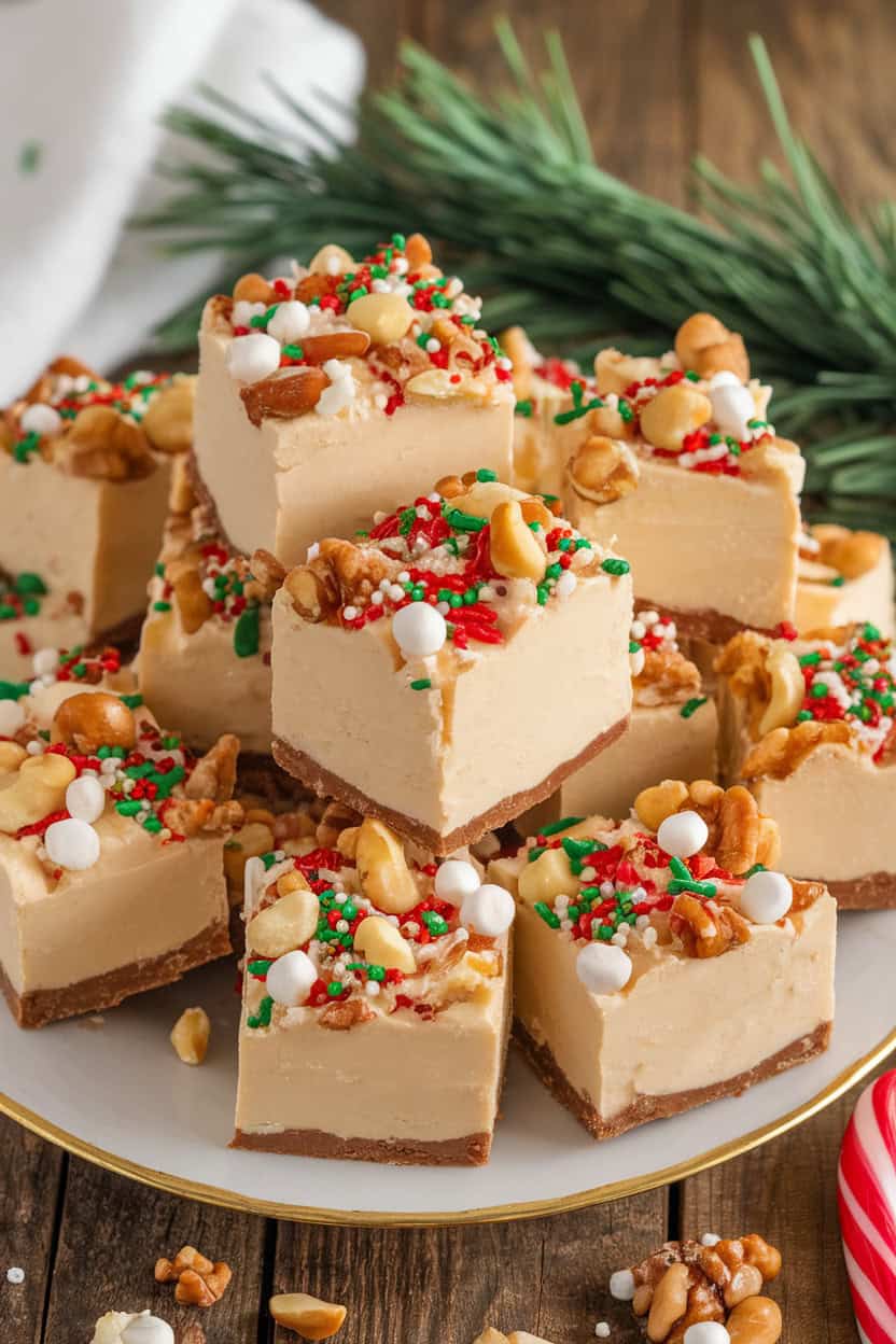 Delicious Christmas marshmallow fudge squares topped with nuts and colorful sprinkles.