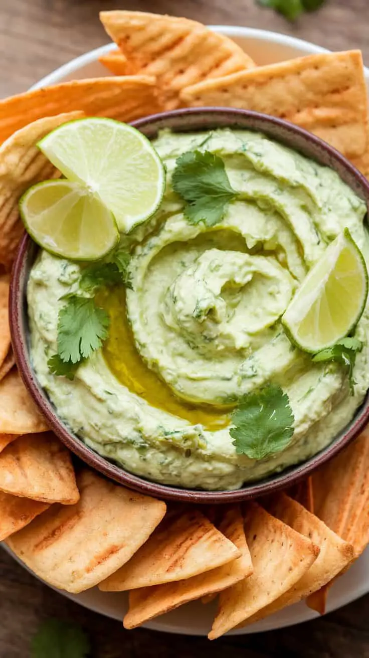 A bowl of cilantro lime cream cheese dip surrounded by tortilla chips and garnished with lime slices and fresh cilantro.