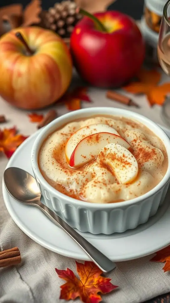 A bowl of cinnamon apple pie chia pudding topped with apple slices and cinnamon, surrounded by apples and autumn leaves.