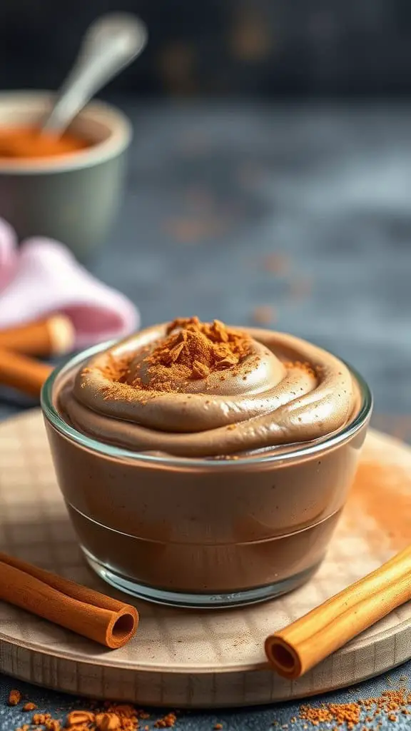 A rich cinnamon coffee chocolate mousse topped with cinnamon powder, served in a clear glass.